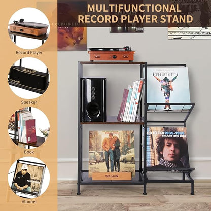 Record Player Stand with Vinyl Record Storage, Turntable Stand with 2-Tier Vinyl Display Shelf & Metal Frame, Record Holder for Living Room, Rustic Brown