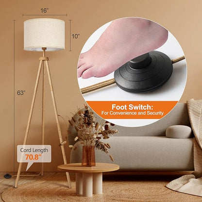 OUTON Tripod Floor Lamp, Floor Lamp with Remote Control, 4 Color Temperature, Modern Dimmable Tall Standing Lamp with Beige Linen Texture Shade for Living Room, Bedroom, Office (Nature Wood)
