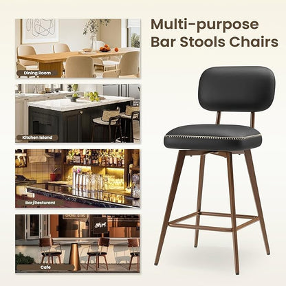 Swivel Bar Stools Set of 4, Mid Century PU Leather Counter Height Bar Chairs with Low Back and Metal Legs, Modern Bar Stool Chair for Kitchen Island, Black