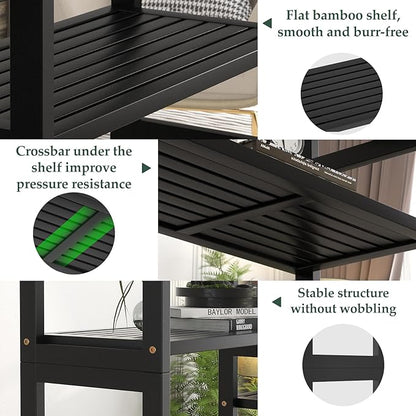 Homykic Double Wide Bamboo Bookshelf Black, 6-Tier Large Open Bookcase with 12 Display Shelves, 6ft Tall Freestanding Book Shelf for Home Office, Bedroom, Living Room, Plants