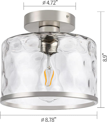 Modern Semi Flush Mount Ceiling Light with Industrial Clear Hammered Glass Lampshade, Farmhouse Ceiling Lights fixtures in Satin Nickel for Hallway Kitchen Bathroom Bedroom