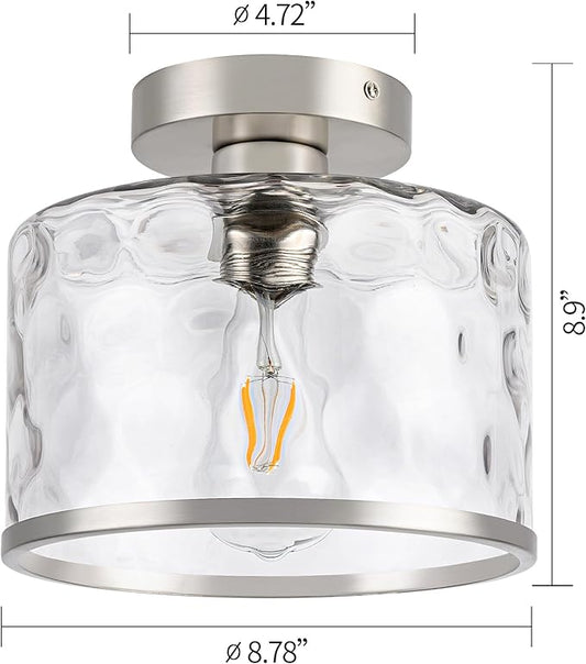 Modern Semi Flush Mount Ceiling Light with Industrial Clear Hammered Glass Lampshade, Farmhouse Ceiling Lights fixtures in Satin Nickel for Hallway Kitchen Bathroom Bedroom
