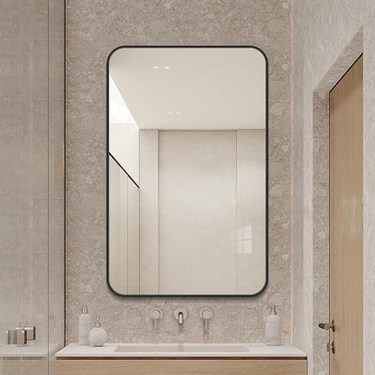 Large Modern Bathroom Mirror with Black Frame, 5mm Copper Free Silver Mirror,Black Frame, Easy Installation (Black, 48" L x 30" W)