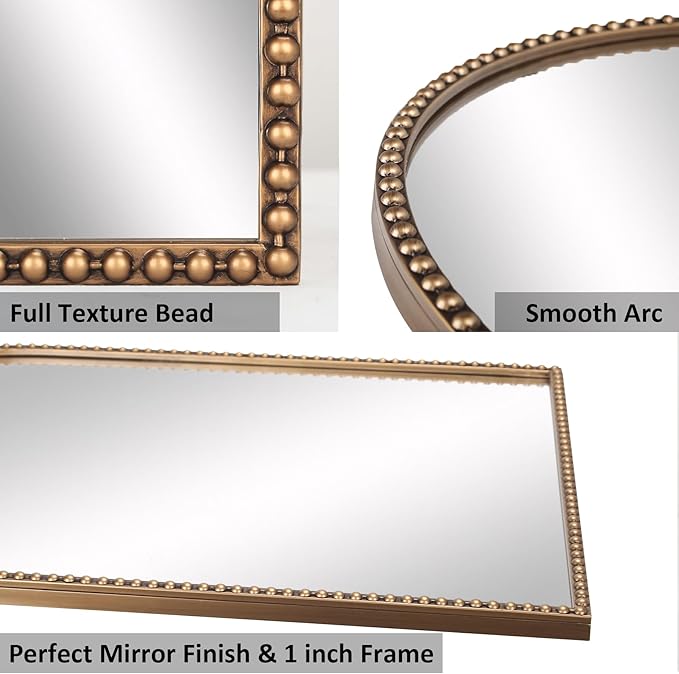 Antique Gold 24"x36" Arched Wall Mirror with Metal Beaded Frame - Decorative Accent Wall Mirror for Bathroom, Bedroom, Living Room, Entryway