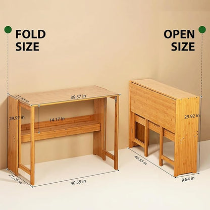 39.37" Bamboo Folding Desk,Space-Saving Computer Desk for Small Spaces, Foldable Study Table for Bedroom, Home Office, Dorm, Apartment (Natural)