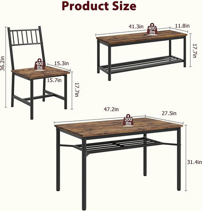 Dining Table Set for 4, Kitchen Table for 4 with Bench and 2 Chairs, 4-Piece Dining Table Set for Apartment, Small Space, Brown