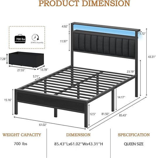 Furnulem Queen Bed Frame with Charging Station and LED Lights, Grey Upholstered Headboard with Shelves, Metal Platform Bed with 2 Under-Bed Storage (Fabric Drawer on Wheels), No Box Spring Needed