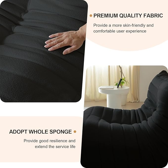 Luxury Sofa Couch Chair, Lazy Floor Seating, Fireside Bean Bag Chair, Ergonomic Tatami Sofa Lounger for Living Room, Bedroom, Office, 3 Seat, Black