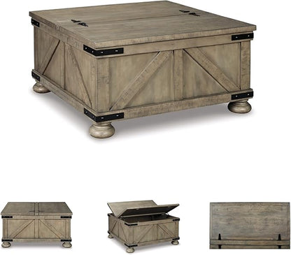 Signature Design by Ashley Aldwin Farmhouse Square Coffee Table with Lift Top for Storage, Grayish Brown