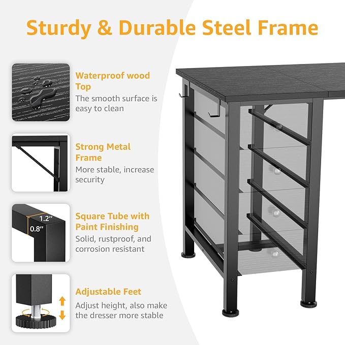 Black Gaming Desk with Fabric Drawers on Both Sides, 55 Inch Home Office Computer Study Writing Work PC Desk with 8 Storage Drawers Storage for Bedroom