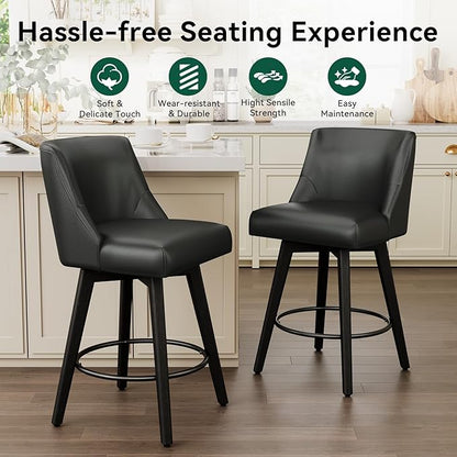 Vipbear Swivel Counter Height Bar Stools Set of 4,26.8" H Counter Stools with Back, Mid Century Modern Bar Stools for Kitchen Island,Faux Leather,Wooden Base, Black