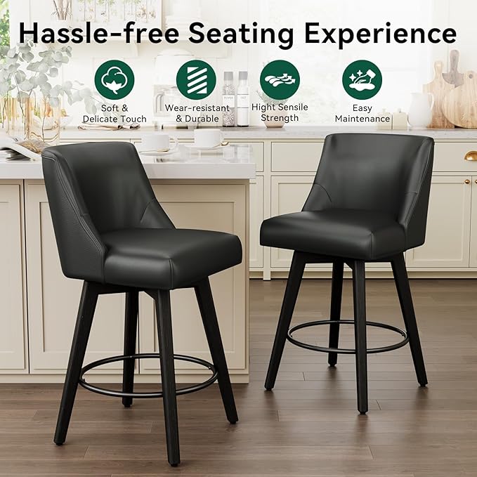 Vipbear Swivel Counter Height Bar Stools Set of 6,26.8" H Counter Stools with Back, Mid Century Modern Bar Stools for Kitchen Island,Faux Leather,Wooden Base, Black