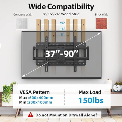 37-90 inch Full Motion TV Wall Mount, Fits 24" Wood Studs, Wall Mount tv Bracket with Smooth Swivel, Tilt, Extension, TV Mounts Hold up to 150lbs, Max VESA 600x400 mm, Fit Most 75 85 86 TVS