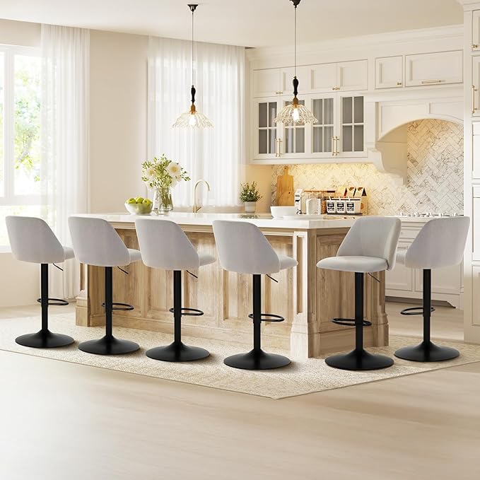 COLAMY Bar Stools Set of 2, Modern Swivel Bar Chairs, Adjustable Upholstered Barstools Counter Height with Full Backrest for Bar, Dining Room, Kitchen Island, Grey