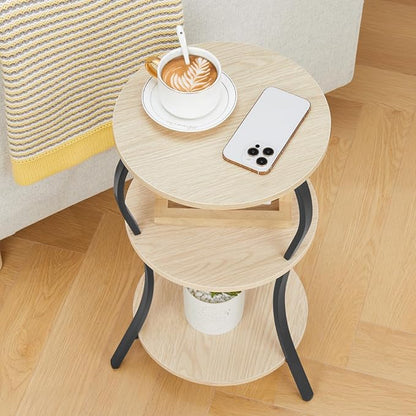 Vintage Small Round Side Table, 3-Tier Slim Waist Circular End Table with Storage Shelf, Compact Tea Sofa Side Table, Round Corner Coffee Table Nightstand for Living Room Bedroom Small Spaces,Oak