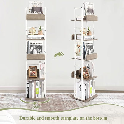 Bikoney Bookshelves 5-Tier, Rotating Bookshelf Tower for Corner, Small Narrow Bookcase, Tall Industrial Bookshelf, Wood and Metal White