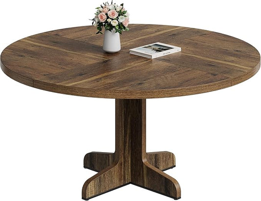 Garvee 47 Inch Round Dining Table for 4, Farmhouse Kitchen Dining Room Circle Dinner Table, Kitchen Dining Room Furniture, Brown (Table Only)
