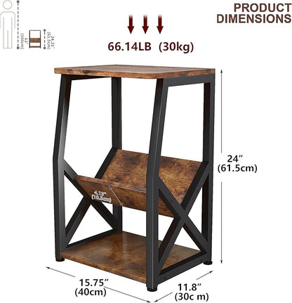 ALISENED Side Table, 3 Tier Narrow End Table with Storage Shelf, Industrial Slim Nightstand for Small Spaces, Narrow Small End Tables for Living Room,Bedroom,Home Office.