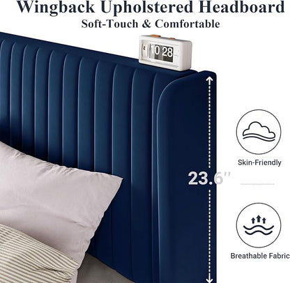 Allewie Queen Size Velvet Bed Frame/Vertical Channel Tufted Wingback Headboard/Upholstered Platform Bed/Strong Wooden Slats/No Box Spring Needed/Easy Assembly/Dark Blue
