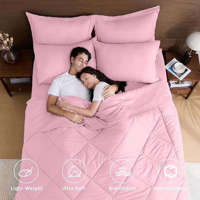 HEVUMYI Pink Full Comforter Set - 7-Piece All Season Bed in a Bag Full, Ultra Soft Bedding Set with Comforter, Flat Sheet, Fitted Sheet, Pillowcases, Pillow Shams, Pink