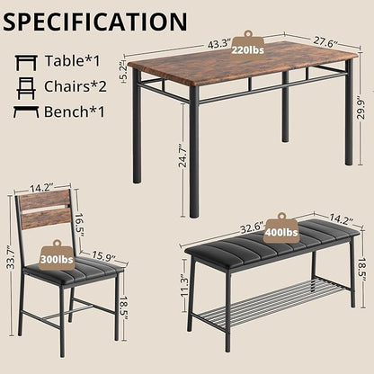 IRONCK Dining Table Set for 4, Kitchen Table with Upholstered Bench and 2 Chairs, Kitchen Table and Chairs Set for Small Space, Apartment, Rustic Brown