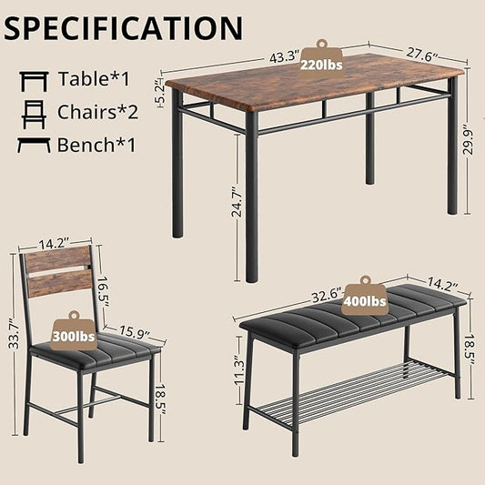 IRONCK Dining Table Set for 4, Kitchen Table with Upholstered Bench and 2 Chairs, Kitchen Table and Chairs Set for Small Space, Apartment, Rustic Brown