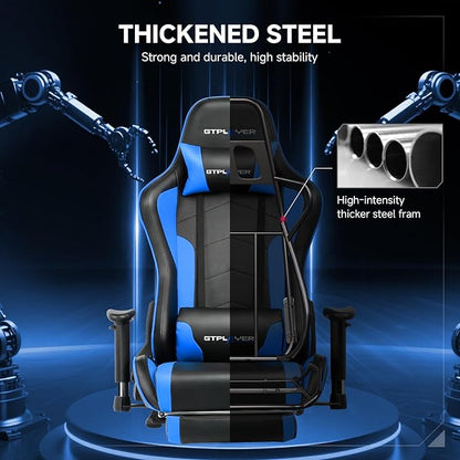 GTPLAYER Gaming Chair with Bluetooth Speakers and Footrest, Ergonomic Gamer Chair with Reclining Backrest, 3D Armrests, Adjustable Seat Height, Computer Desk Chair for Adults (Blue)