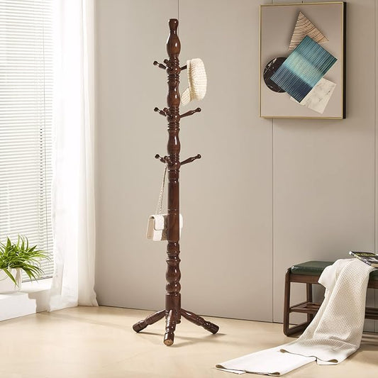 Coat Rack, Natural Wood Coat Racks with 3 Height Options and 9 Hooks,Coat Tree Ease of Assembly,Freestanding Hall Tree for Home/Office/Entryway/Hallway (Walnut)