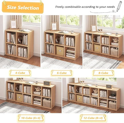 6 Cube Organizer Bookcase - Fabric Storage Bins Container, Open Shelf Simple Compartments Bookshelf, Oak