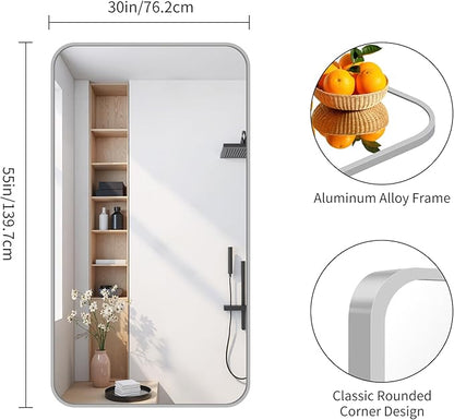 FORBATH 55x36 Inch Silver Bathroom Mirror for Over Sink, Large Rectangular Wall Mirror with Metal Frame, Rounded Corners for Bathroom, Bedroom, Entryway Decor (Horizontal or Vertical)
