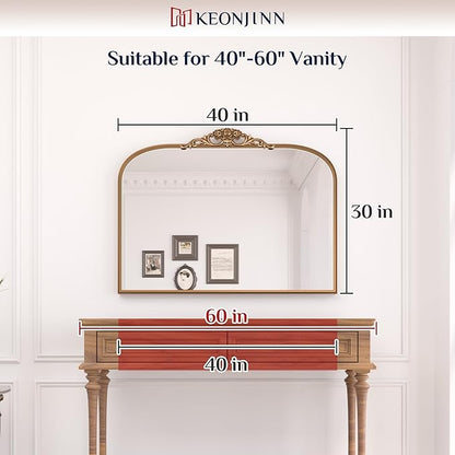 Keonjinn Vintage Mirror for Wall, 40" x 30" Silver Mirror with Metal Frame, Ornate Arched Decoration, Brass Mirror for Mantle, Living Room, French Cleat Mounting