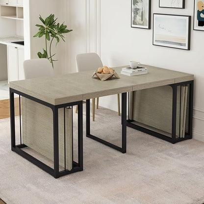 KEIKI 23.62" - 118" L Extendable Foldable Dining Room Table for 2-10 People, Wood Modern Rustic Rectangle Expandable Kitchen Living Meeting Room Furniture, 5 Tabletop Length Options
