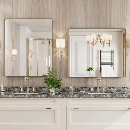 Bronze Bathroom Mirror 30x36 Inch, Brushed Bronze Metal Frame Mirror for Wall, Rounded Rectangle Bathroom Vanity Mirror with Tempered Glass, Anti-Rust, Horizontal/Vertical