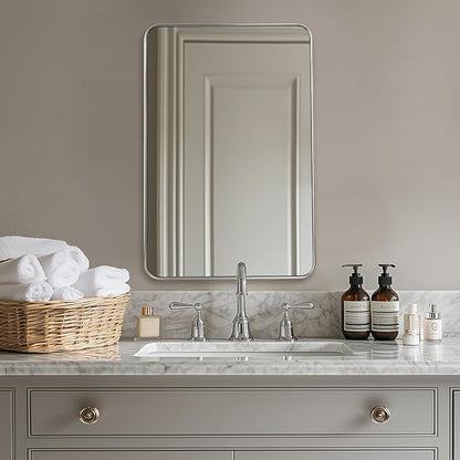 ANDY STAR Brushed Nickel Mirror, Stainless Steel Metal Frame 24x36 Inch Bathroom Mirror for Over Sink, Modern Rounded Corner Slim Silver Vanity Mirror for Wall Mounted Horizontally or Vertically