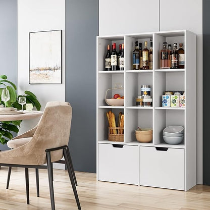 GarveeHome 55 Inches Tall Bookcase with 2 Drawers, Open Storage Bookshelf with 4 Tier Adjustable Shelves, Large Open Book Cabinet Standing for Home Office, White
