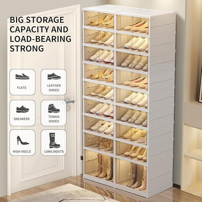 Foldable 9-Tier Shoe Rack Organizer for 18-36 Pairs - Collapsible Clear Plastic Shelf for Closet, Entrance or Front Door - Tall Stackable Folding Shoes Storage Boxes cabinet