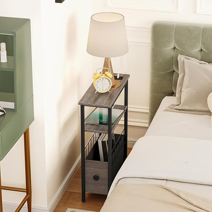 Snughome Narrow Side Table with Charging Station, Slim End Table for Small Spaces, 3 Tier Skinny Nightstand with Drawer, Sofa Beside Table with Storage Shelf for Living Room Bedroom Grey