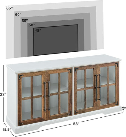 Walker Edison Modern Glass and Wood Universal TV Stand with 4 Door Storage For TV's up to 64" Flat Screen Living Room Storage Entertainment Center, 58 Inch, Rustic Oak