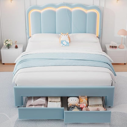 Full Upholstered LED Bed Frame with 2 Storage Drawers and Adjustable Chic Double Wavy Headboard, Velvet Princess Platform Bed with Charing Station, Solid Wood Slats Support,No Box Spring Needed,Blue