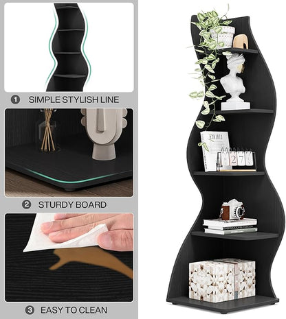 Tribesigns Corner Shelf, Modern 5-Tier Wall Corner Bookshelf, Stylish Corner Small Bookcase Storage Rack Plant Stand with Unique Shape for Living Room, Home Office, (1PC, Black)