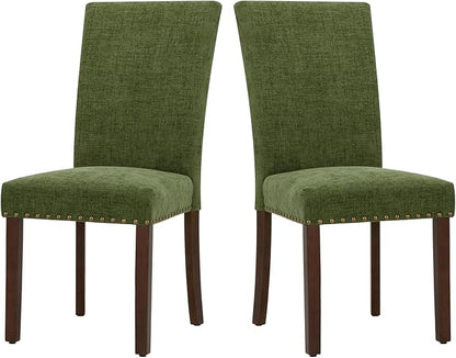 COLAMY Upholstered Parsons Dining Chairs Set of 2, Fabric Dining Room Kitchen Side Chair with Nailhead Trim and Wood Legs - Green