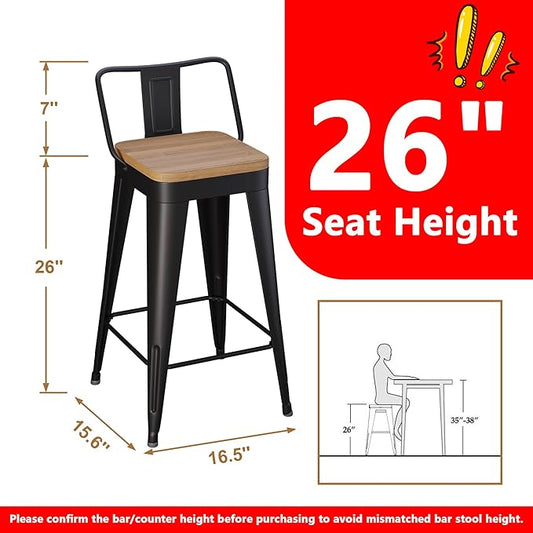 WENTMENT Metal Bar Stools Set of 2 Counter Height Barstools with Removable Back 26" Kitchen Bar Stools with Wooden Seat, Black