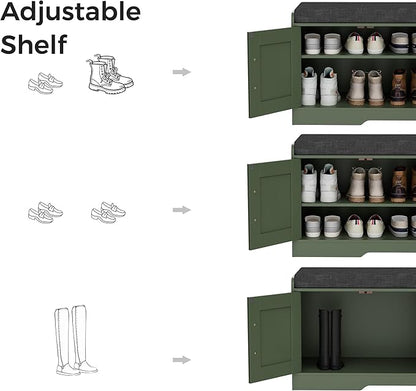 2-Tier Storage Bench, Shoe Bench with Thickened Padded Seat Cushion, Entryway Bench with 4 Doors, Adjustable Shelf, 13.8" D x 45.3" W x 18.5" H, for Entryway, Living Room, Bedroom, Green