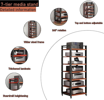 7 Tier Audio Rack Tower, CD Record Player Stereo Receiver AV Equipment Cabinet Display Rack, Weight capacity 661 lbs, with Adjustable Wooden Shelves for Home (TEAKWOOD, 7 TIER 55×19.7×15.7IN)