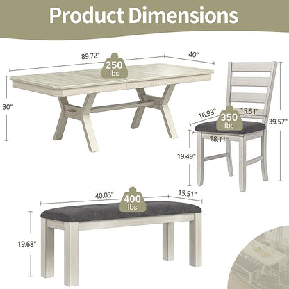6-Piece Solid Wood Dining Table Set for 6, Modern Breakfast Dinette Kitchen Table with Bench & Chairs for Dining Room, Kitchen, Grey