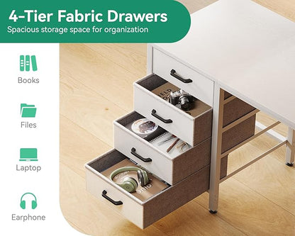 Casaottima 32 inch Small Computer Desk with 4 Fabric Drawers, Side Hook and Cloth Bag, Kids Study Table for Bedroom and Small Space, Pure White