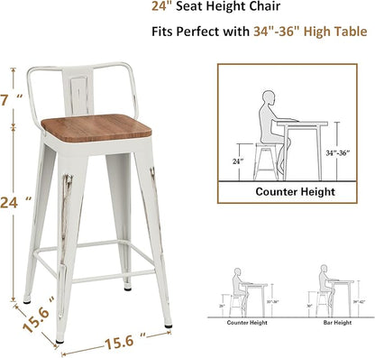 WENTMENT Bar Stools Set of 4, Industrial Style, Metal Frame, Distressed White, Wooden Seat, 24" H x 12.2" W x 15.6" D, 330 lbs Max Weight, Counter Height