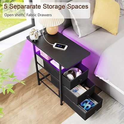 AMHANCIBLE Narrow End Table Living Room with Charging Station, Slim LED Nightstand with Fabric Drawers, Skinny Side Table for Bedroom, Small Spaces, Couch, Black, HETN013LBK-1