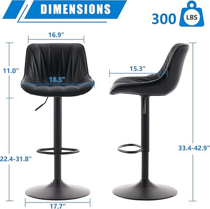 YOUNIKE Bar Stools Set of 2 for Kitchen Island, Black Swivel Tall Bar Stools, Adjustable Barstools with Back, Faux Leather Padded Stools, Modern Counter Height Bar Chairs with 300LBS Support
