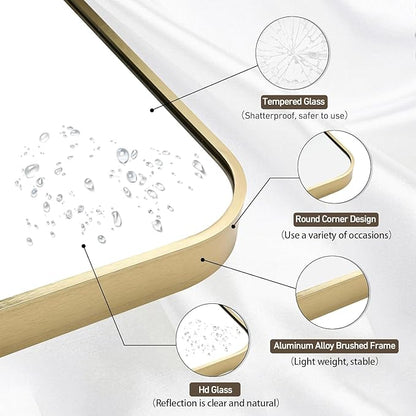 Gold Bathroom Mirror, 24x32 Inch Brushed Gold Mirror, Aluminum Alloy Framed Rectangle Bathroom Mirror for Over Sink, Anti-Rust Wall Mirror (Horizontally or Vertically)